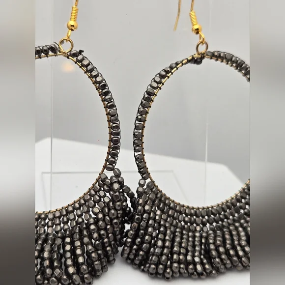 Ink + Alloy Handmade Beaded Hoop Earrings Matte Silver Lightweight Boho 3” - Picture 5 of 10